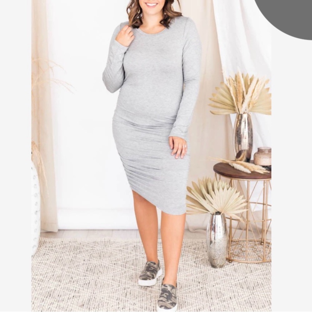 Gray Long Sleeve Ruched Dress